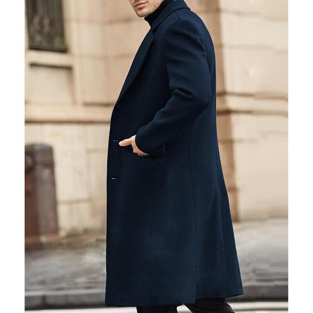 Men's  Dark Blue Slim Fit Notched Collar Long Casual Trench Coat with Pocket - Picture 4 of 6